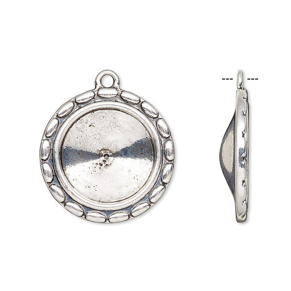 Drop, Almost Instant Jewelry®, antique silver-finished "pewter" (zinc-based alloy), 23mm round with scalloped design and 16mm rivoli setting. Sold per pkg of 6. image number 0