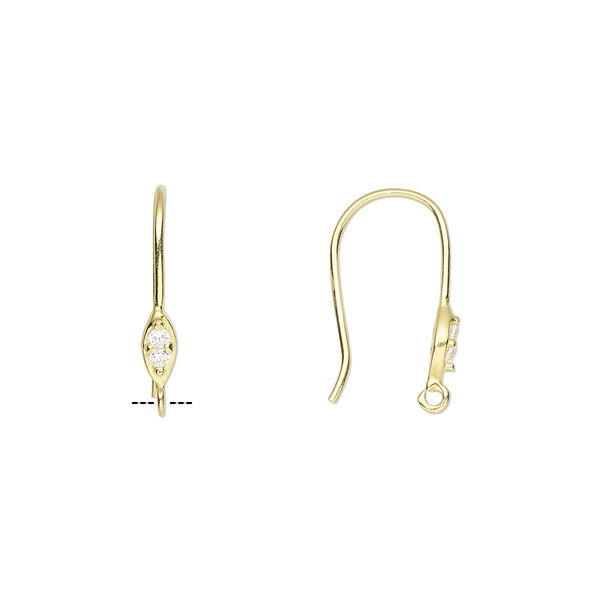Ear wire, gold-finished sterling silver and cubic zirconia, clear, 17mm fishhook with open loop, 21 gauge. Sold per pair. image number 0