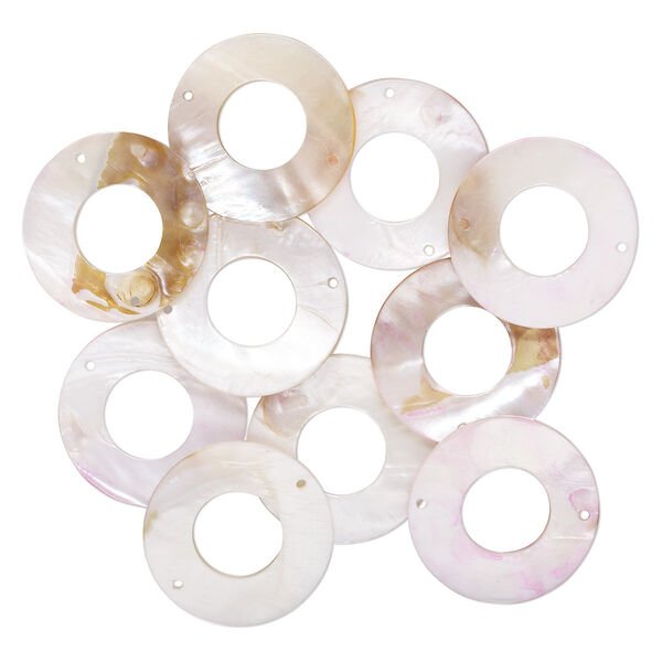 Focal, mother-of-pearl shell (bleached / dyed), pink and brown, 44-46mm donut with 2 holes, Mohs hardness 3-1/2. Sold per pkg of 10. image number 0