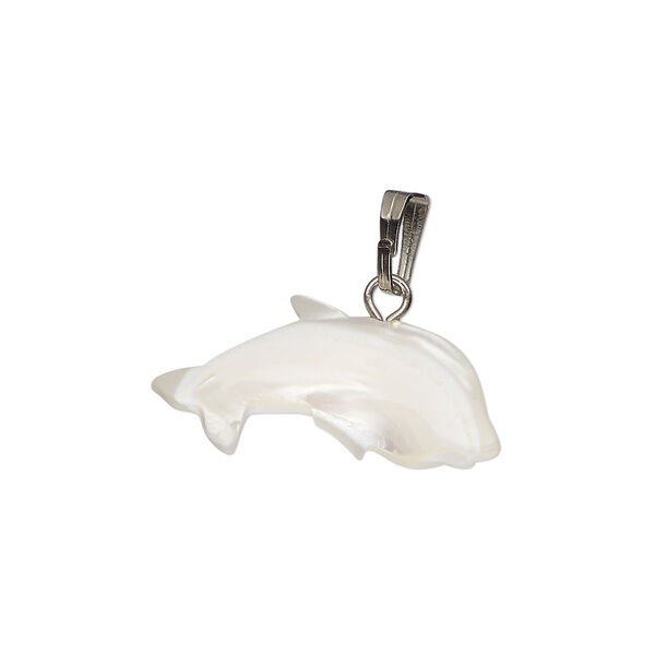Pendant, mother-of-pearl shell (bleached) / antique silver-finished "pewter" (zinc-based alloy) / steel, 23x12mm-30x16mm single-sided carved dolphin. Sold individually. image number 0