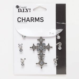 Focal and drop, silver-finished "pewter" (zinc-based alloy) and glass, clear, 43 x 30.5mm fancy cross and (6) 4.5mm round. Sold per pkg of 7.