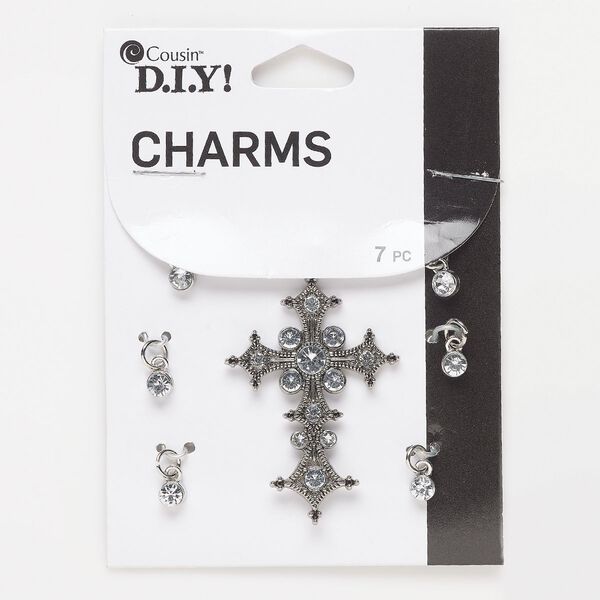 Focal and drop, silver-finished "pewter" (zinc-based alloy) and glass, clear, 43 x 30.5mm fancy cross and (6) 4.5mm round. Sold per pkg of 7. image number 0
