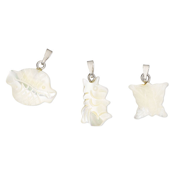 Pendant mix, mother-of-pearl shell (bleached) antique silver-finished brass and steel,12mm-30x20mm mixed shapes. Sold per pkg of 3. image number 0