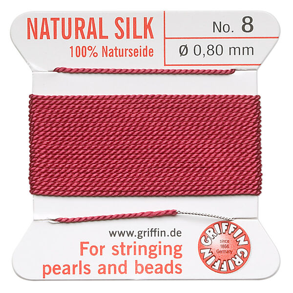 Thread, Griffin, silk, garnet red, size #8. Sold per 2-meter card (approximately 78 inches). image number 0