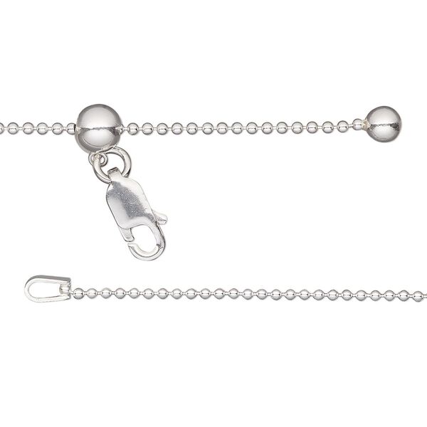 Chain, Gossamer™, sterling silver and silicone, 1.2mm ball chain with 4mm ball and 5mm adjustable slider bead, adjustable from 16 to 24 inches with lobster claw clasp. Sold individually. image number 0
