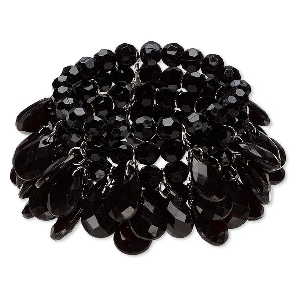 Bracelet, stretch, acrylic and silver-plated steel, black, 38mm wide with round and teardrop, 6-1/2 inches. Sold individually. image number 0