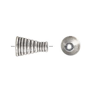 Cone, antique silver-plated "pewter" (zinc-based alloy), 16x10.5mm with line design, 7.5mm inside diameter. Sold per pkg of 10.