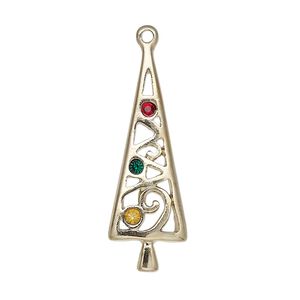 Charm, enamel / crystals / gold-finished "pewter" (zinc-based alloy), red / green / yellow, 34x11mm single-sided Christmas tree. Sold individually.