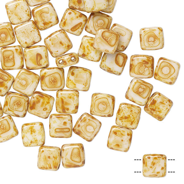 Bead, Preciosa, Czech pressed glass, opaque cream tortoise, 6x6mm flat square with (2) 0.7mm holes. Sold per pkg of 40. image number 0