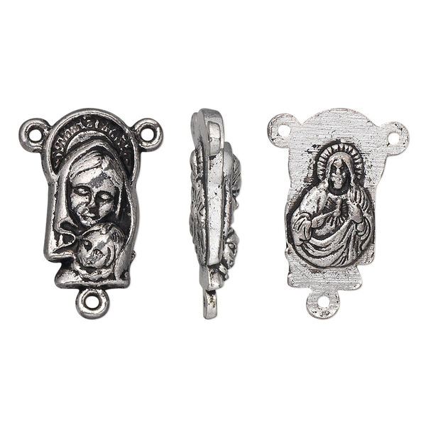 Connector, antique silver-plated "pewter" (zinc-based alloy), 18.5x10mm two-sided oval rosary with Madonna and child on front and Sacred Heart of Jesus Christ on back. Sold per pkg of 10. image number 0