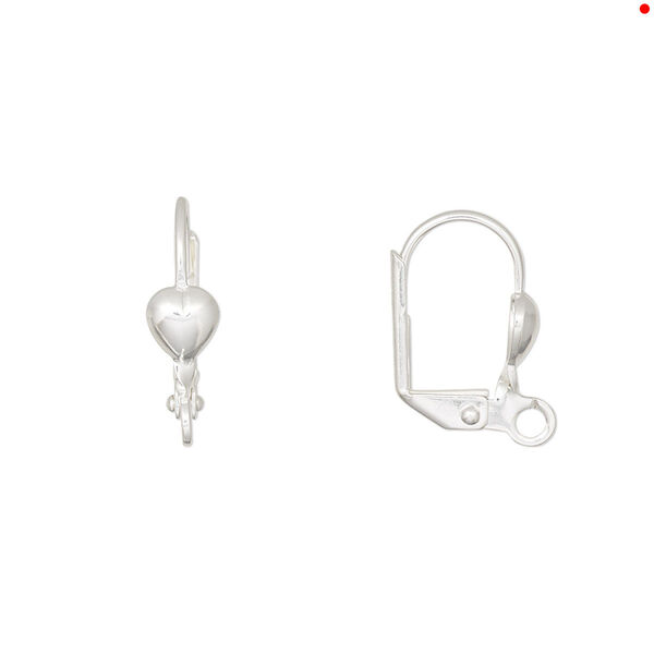 Ear wire, silver-plated brass, 16mm leverback with 5mm heart and open loop. Sold per pkg of 50 pairs. image number 0