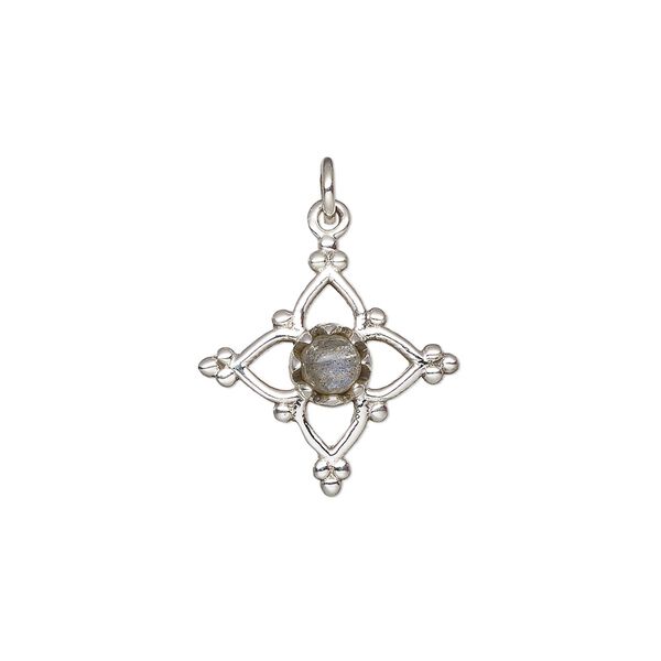 Labradorite / sterling silver 1pkg1, open beaded diamond drop natural antiqued 17x17mm image number 0