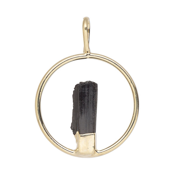 Pendant, Everyday Jewelry, gold-plated brass and black tourmaline (natural), 34x25mm-36x27mm open round. Sold individually. image number 0