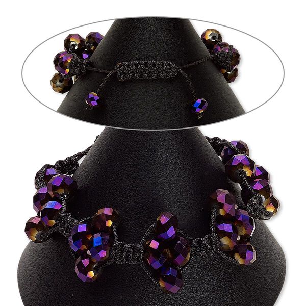 Bracelet, glass and nylon, purple AB and black, 10x7mm faceted rondelle, adjustable from 6-1/2 to 9 inches with macramé knot closure. Sold individually. image number 0