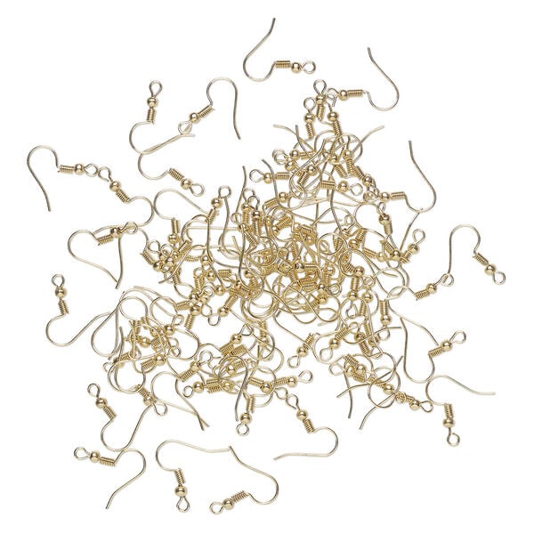 Ear wire fishhook 1pkg100, 20mm / 3mm ball / 4mm coil, 22 gauge gold finish steel image number 0