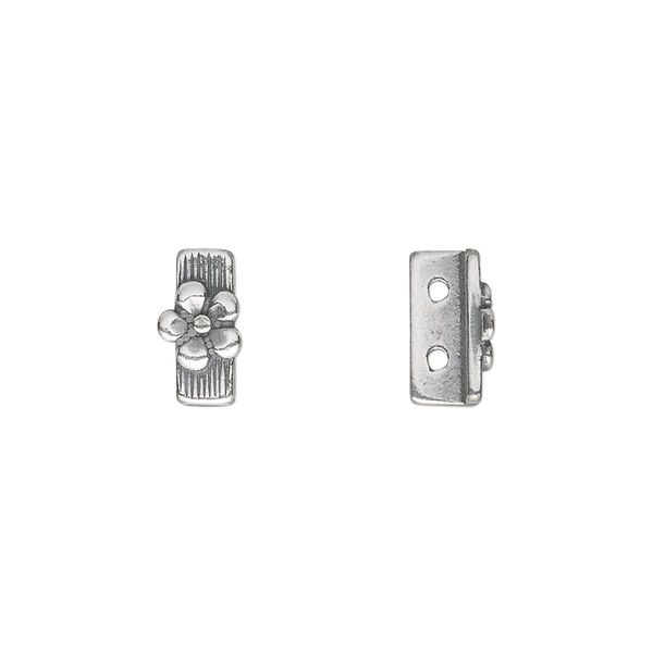 Spacer bar, JBB Findings, antique silver-plated pewter (tin-based alloy), 10x5mm 2-strand rectangle with single-sided flower design. Sold per pkg of 2. image number 0