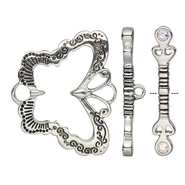 Clasp toggle 1pkg1 silver-plated / AB "pewter" (zinc alloy), 29x21mm butterfly, antique / clear crystal rhinestone 1-strand image number 0