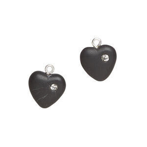 Drop 1pkg2, silver-plated brass / glass / cubic zirconia, opaque black and clear, 11mm frosted heart.