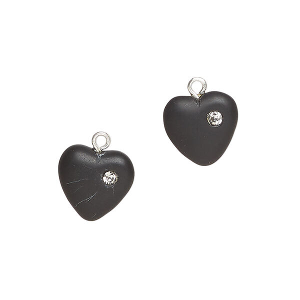 Drop 1pkg2, silver-plated brass / glass / cubic zirconia, opaque black and clear, 11mm frosted heart. image number 0