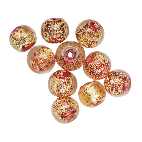 Bead, lampworked glass, red with 24Kt gold foil, 8mm round. Sold per pkg of 10. image number 0
