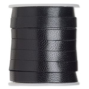 Cord, leather, black, 5mm flat. Sold per 25-yard spool.