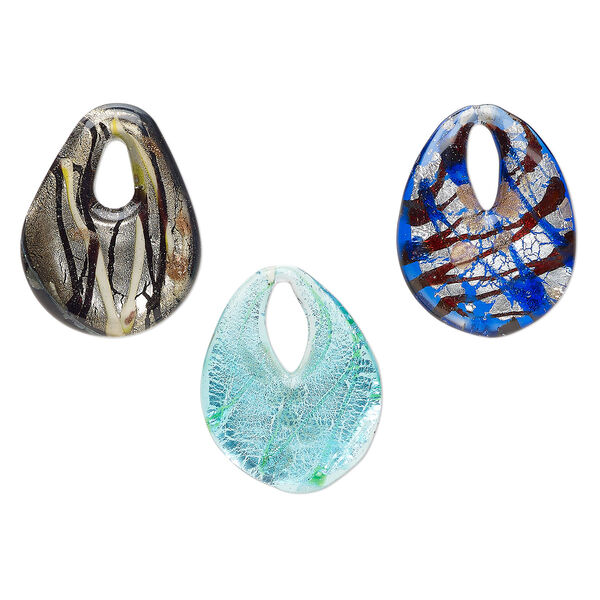 Random focal mix, lampworked glass, opaque to translucent mixed colors, 35x26mm-39x30mm teardrop go-go with copper-colored glitter and silver-colored foil. Sold per pkg of 3. image number 0