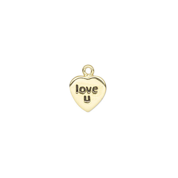Charm, gold-plated sterling silver, 7.5x7mm single-sided heart with "love u." Sold individually. image number 0