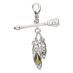 Charm, brass, pkg/1, 29x28mm arrow with feather and lobster claw clasp, silver finish and multicolored.