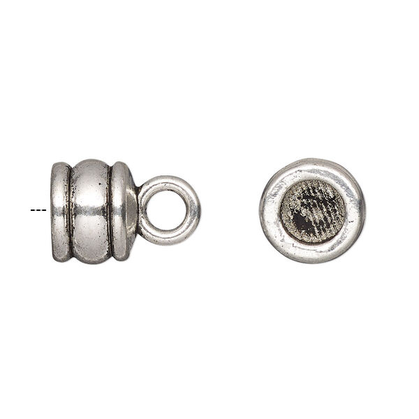Cord end, glue-in, antique silver-finished "pewter" (zinc-based alloy), 11x9mm ribbed barrel, 6.5mm inside diameter. Sold per pkg of 4. image number 0