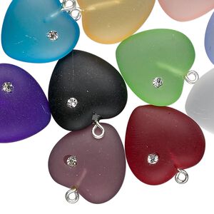 Drop mix, Czech glass / cubic zirconia / silver-plated brass, frosted mixed colors, 16mm heart. Sold per pkg of 20.