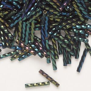 Bugle bead, Dyna-Mites™, glass, opaque iris green, 12mm twisted. Sold per 50-gram pkg.