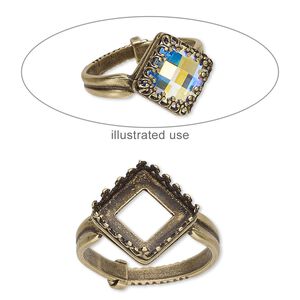 Ring, JBB Findings, antiqued brass, 15.5mm wide with decorative trim and 10x10mm square bezel setting, adjustable from size 6-9. Sold individually.