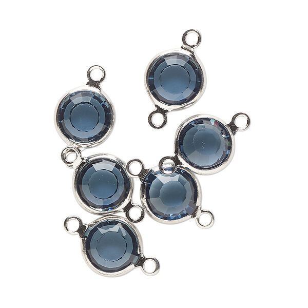 Link, Vintage Crystal™, crystal and imitation rhodium-finished brass, denim blue, 9mm round. Sold per pkg of 6. image number 0