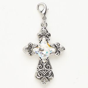 Focal "pewter" (zinc-based alloy) / crystal 1pkg1 31x24mm cross, clear AB / antique silver finish lobster claw clasp