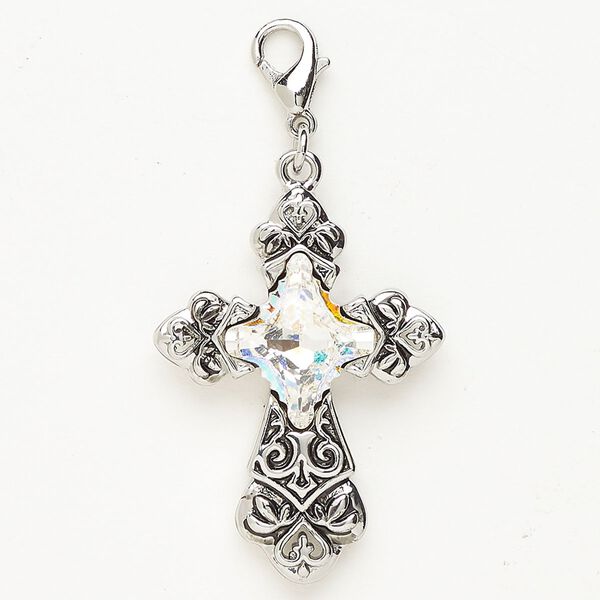Focal "pewter" (zinc-based alloy) / crystal 1pkg1 31x24mm cross, clear AB / antique silver finish lobster claw clasp image number 0