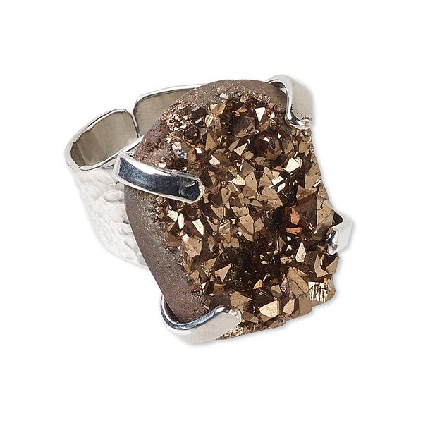 Ring, electroplated druzy agate (coated) and imitation rhodium-plated brass, brown, hammered band with 24x18mm-27x21mm hand-cut freeform, adjustable. Sold individually. image number 0