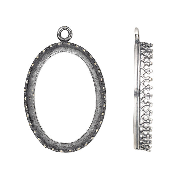 Drop, JBB Findings, antique silver-plated brass, 27x20mm oval with decorative trim, 25x18mm oval bezel setting. Sold individually. image number 0