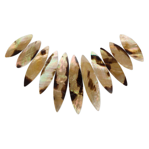 Bead, brown lip shell and resin (assembled), black, 32x12mm-51x15mm graduated fan, Mohs hardness 3-1/2. Sold per 11-piece set. image number 0