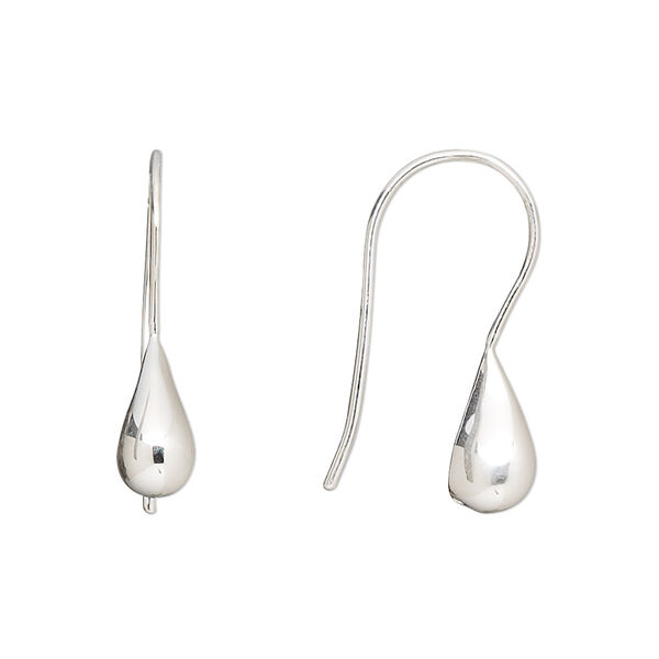 Ear wire, sterling silver, 23.5mm teardrop fishhook with 2 closed bottom holes, 20 gauge. Sold per pair. image number 0