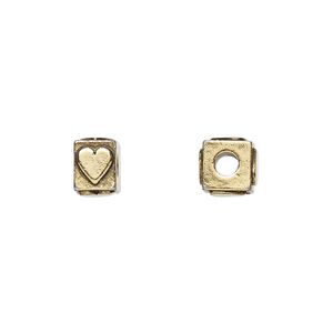 Bead, antique gold-plated pewter (tin-based alloy), 8x6mm rectangle with heart. Sold per pkg of 4.