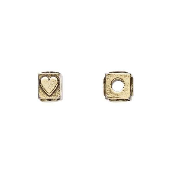 Bead, antique gold-plated pewter (tin-based alloy), 8x6mm rectangle with heart. Sold per pkg of 4. image number 0