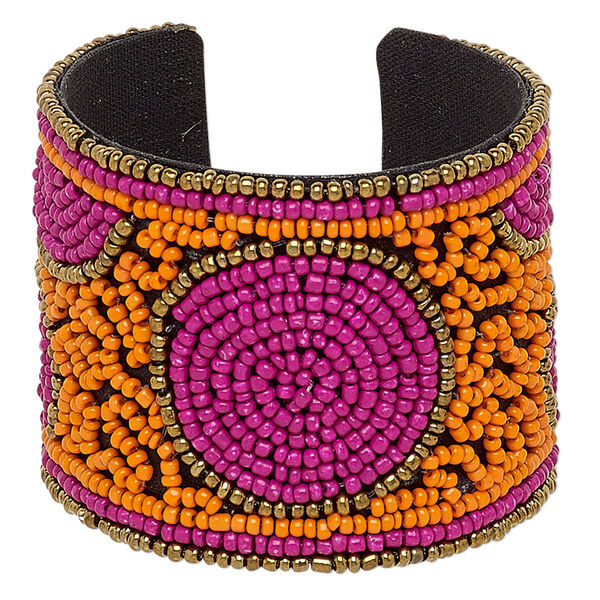 Bracelet, cuff, cotton / glass / steel, orange / hot pink / multicolored, 52mm wide with circle design, adjustable from 6-1/2 to 7 inches. Sold individually. image number 0