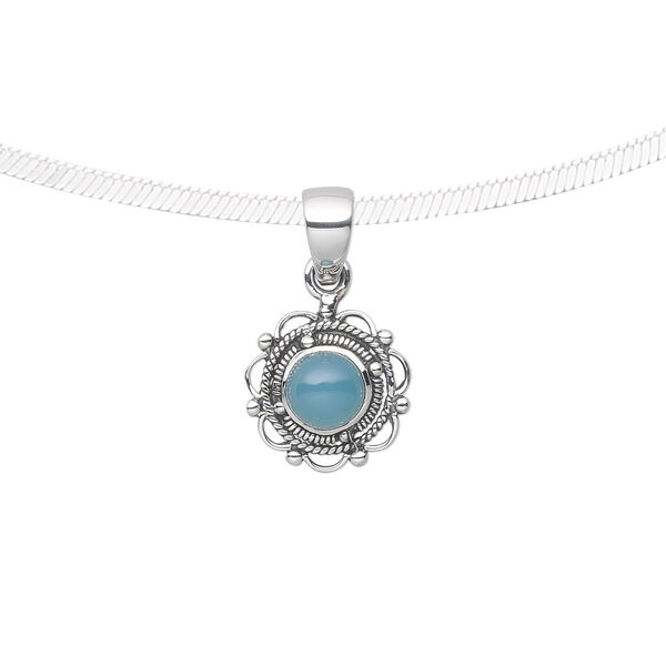 Pendant, blue chalcedony (dyed) and antiqued sterling silver, 22x13mm fancy round with 6mm round. Sold individually. image number 0