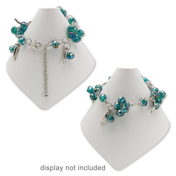 Bracelet, glass with silver-plated steel and "pewter" (zinc-based alloy), dark green, 16mm wide with 14x5mm talon, 6-1/2 inches with 2-inch extender chain and lobster claw clasp. Sold individually. image number 0