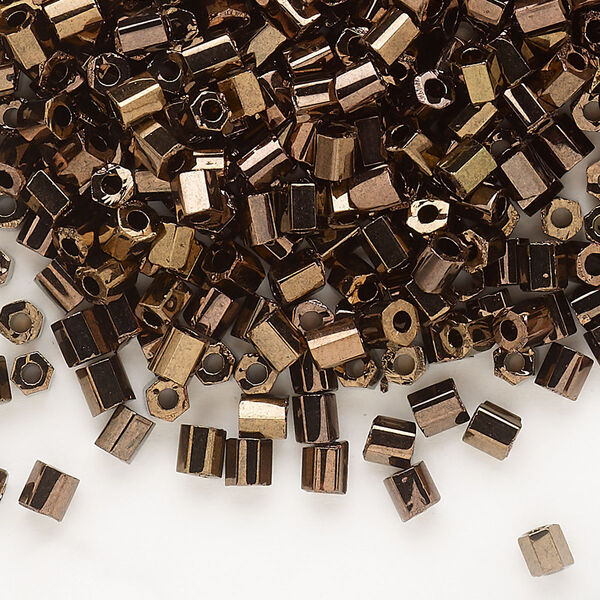 Seed bead, Dyna-Mites™, glass, opaque iris dark bronze, #6 hex 2-cut. Sold per 1/2 kilogram pkg. image number 0