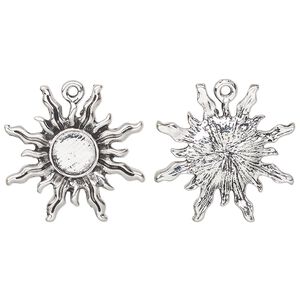 Drop, glue-in, antique silver-finished "pewter" (zinc-based alloy), 27mm single-sided sun with 8mm round setting. Sold per pkg of 4.