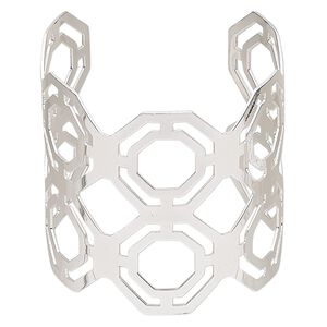 Bracelet, cuff, silver-finished steel, 61mm wide with cutout octagon design, adjustable from 7-8 inches. Sold individually.