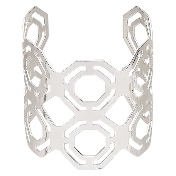 Bracelet, cuff, silver-finished steel, 61mm wide with cutout octagon design, adjustable from 7-8 inches. Sold individually. image number 0