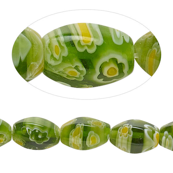Bead, millefiori glass, opaque green / white / yellow, 12x8mm 6-sided twisted oval with 0.6-0.8mm hole. Sold per 15-inch strand. image number 0