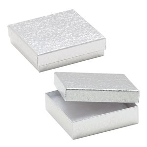 Box, paper, "cotton"-filled, silver, 3-1/2 x 3-1/2 x 1-inch square. Sold per pkg of 10.